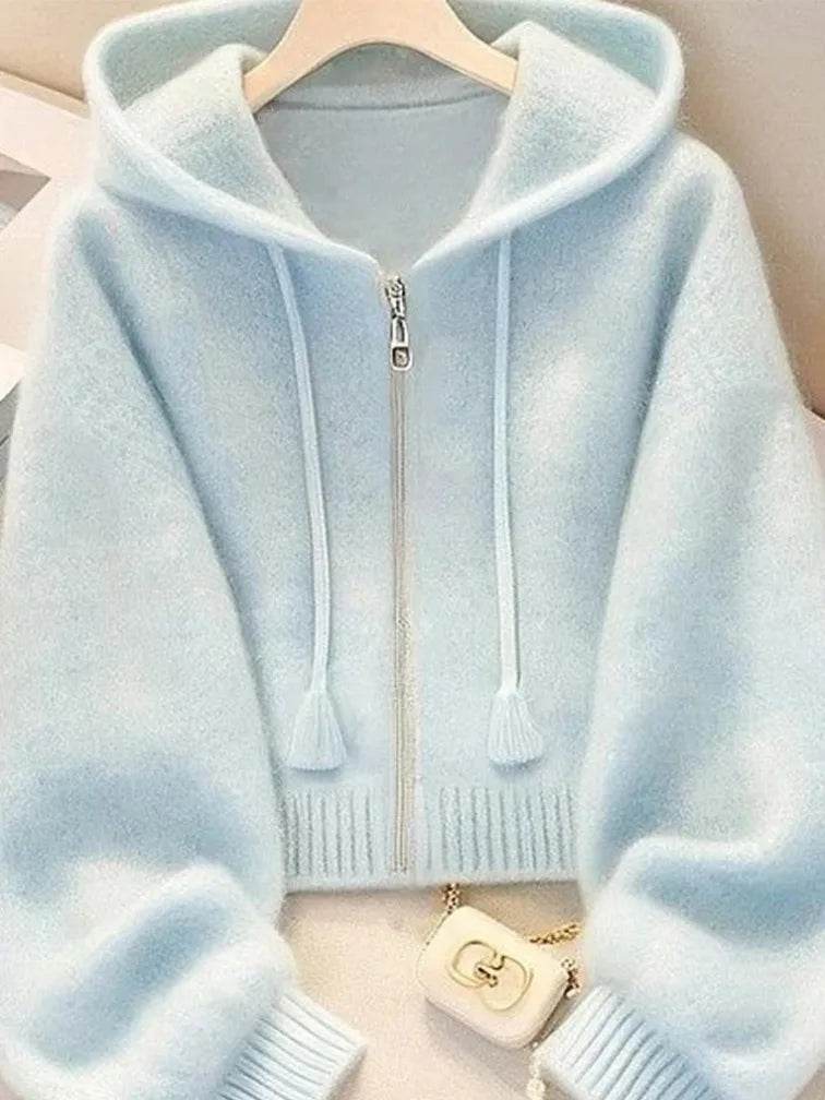 New Soft Blue Cardigan Sweaters Women Long Sleeve Elegant Knitted Jacket Sweet Design Female Casual Hooded Outwear Tops - AIAZ