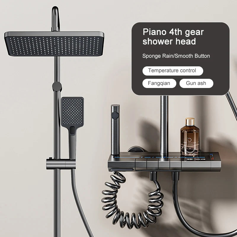 Bathroom Shower Full Set Gray Digital Display Shower System Set  Piano Button With Ambient Light Faucets Shower Head