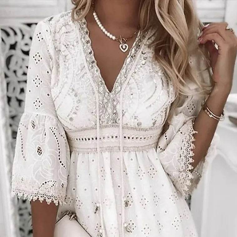 Elegant Women White Hollow Lace Mini Dress Summer V-neck Patchwork Lace Up Three Quarter Sleeve Ladies Vacation Beach Dresses - AIAZ