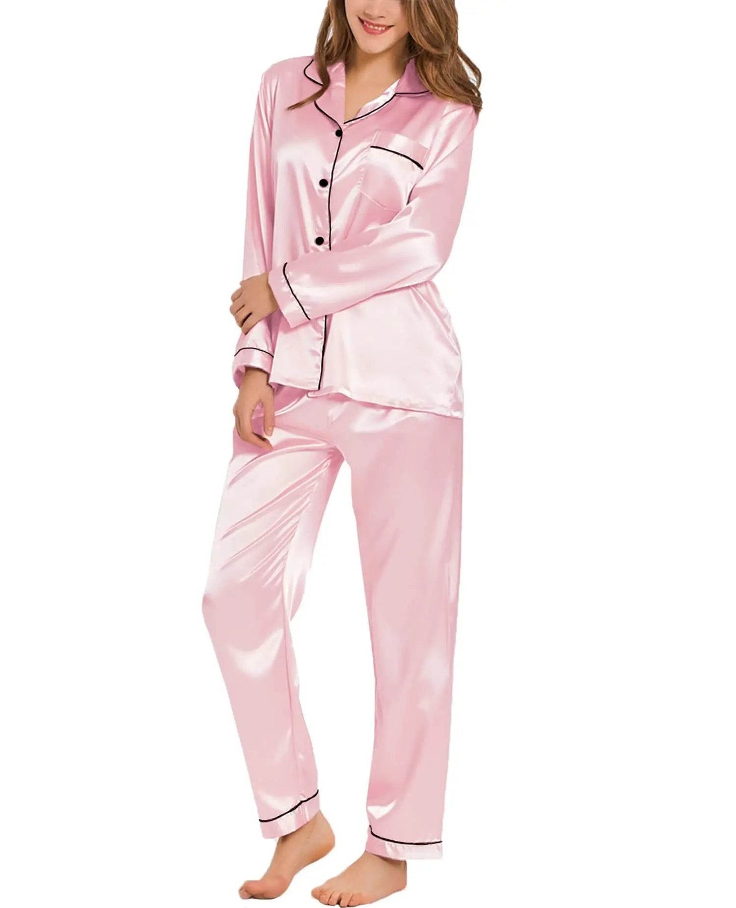 Womens Silk Satin Pajamas Loungewear Two-piece Sleepwear Button-Down Full Sleeve Long Pj Set - AIAZ
