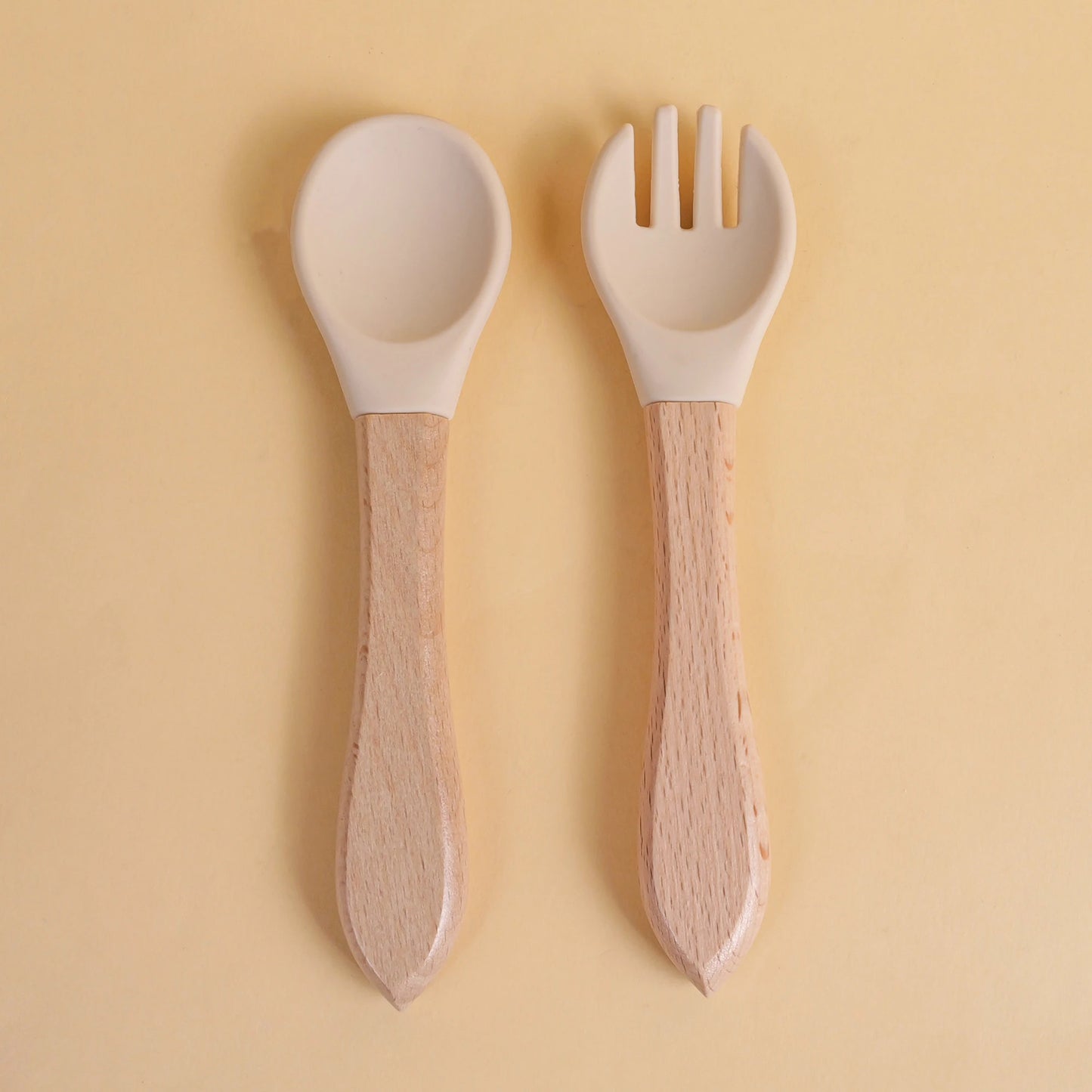 2pcs/set Tableware Baby Spoon Fork Set Children's Silicone Wooden Feeding Training Baby Dinnerware Cutlery Baby Feeding Supplies