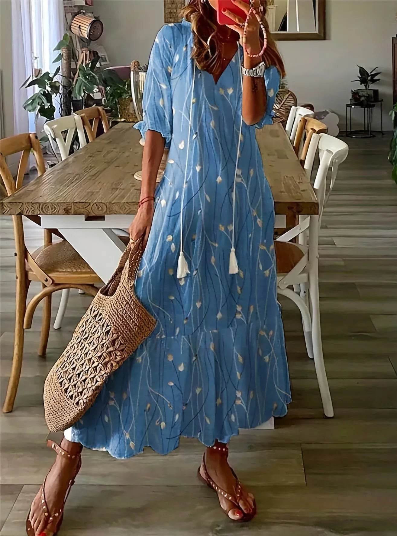 New Women's Spring Summer Dress Sexy V-neck Drawstring Printed Long-sleeved Dress Casual Loose Fashion Elegant Fresh Sweet Dress - AIAZ