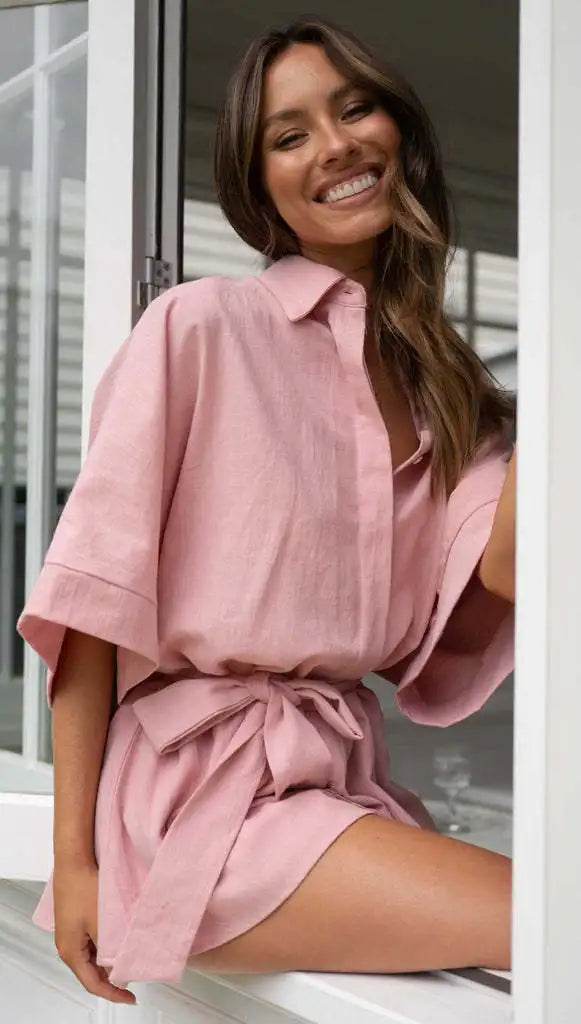 Women's Jumpsuit Spring/summer New Style With Collar Mid Sleeves Waist Strap Fashionable Loose Short Style Solid Color Jumpsuit - AIAZ