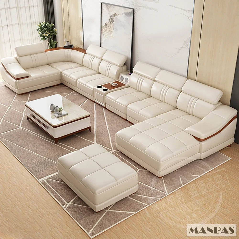 Elegant Leather Sectional Sofas Sets with Cup Holder, Adjustable Headrests & Bluetooth Speaker - MINGDIBAO Living Room Couches