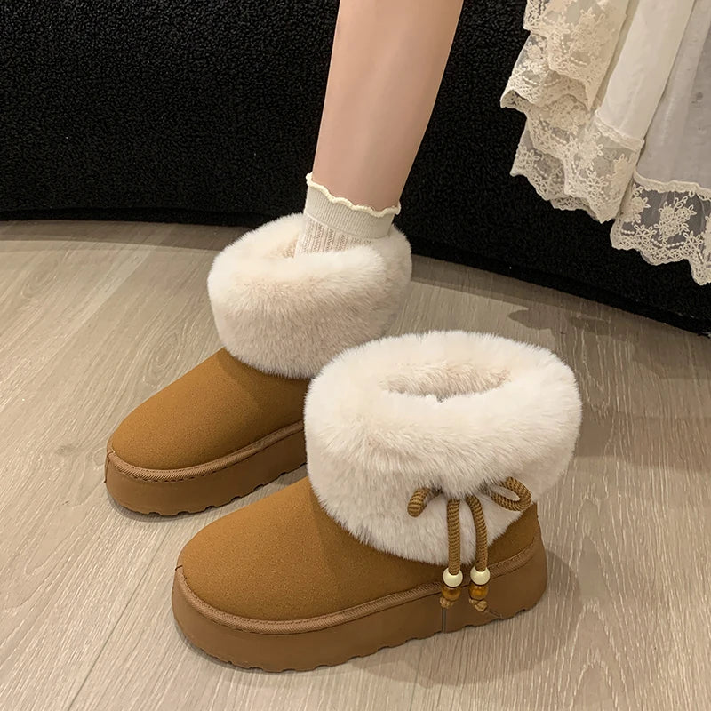 Large size women's shoes Icelandic snow boots women's winter plush cute cream short tube warm fluffy boots cotton shoes