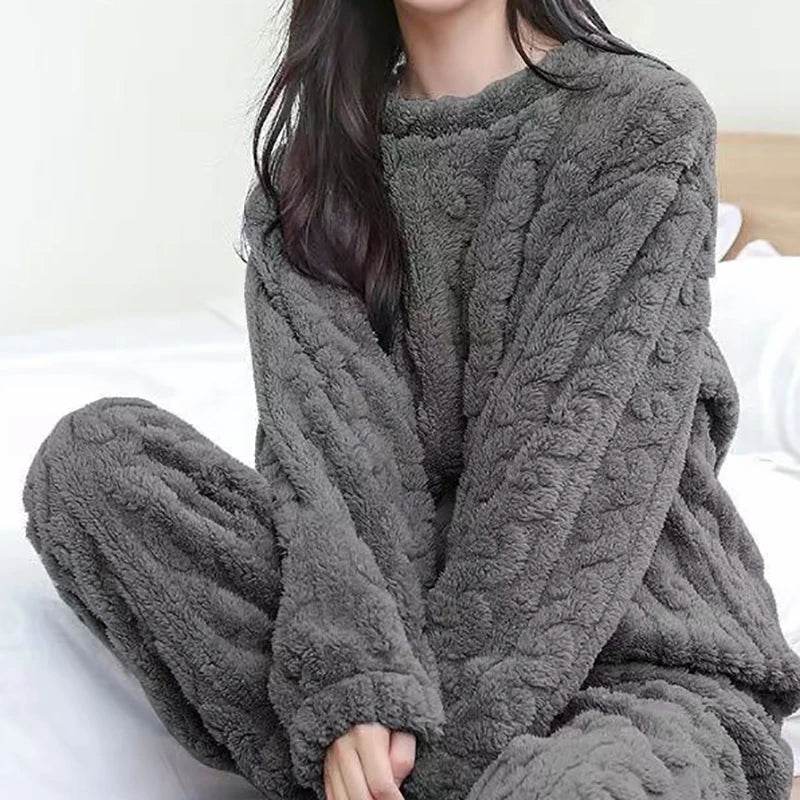 Autumn Women Solid Warm 1/2 Piece Sets Thicken Velvet Ribbed Fleece Set Pullover And Pants Women Casual Pajama Sets 2025 - AIAZ