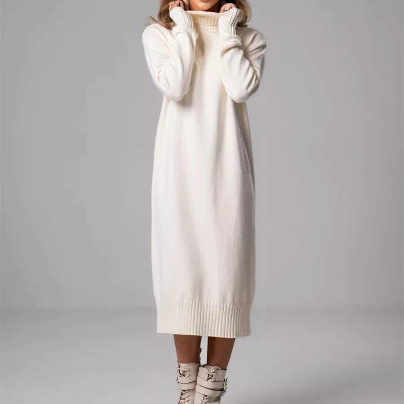 Ribbed Turtleneck Knitted Dress Women Autumn Winter Basic Long Sleeve Sweater Dress Woman Solid Color Long Dresses Female - AIAZ