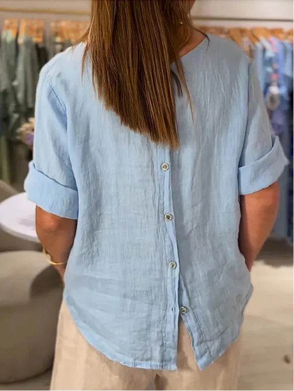 Women's Shirt Summer Fall New Solid Top Fashion Mid-sleeve O-neck Cotton Linen Button-up Casual Loose Shirts For Women Clothing - AIAZ