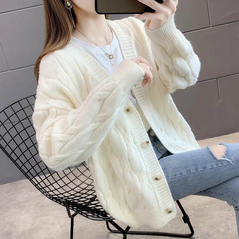 Women's Knitted Cardigan Sweater Loose Fashion New Autumn And Winter Western Style Casual Jacket Coat Women - AIAZ