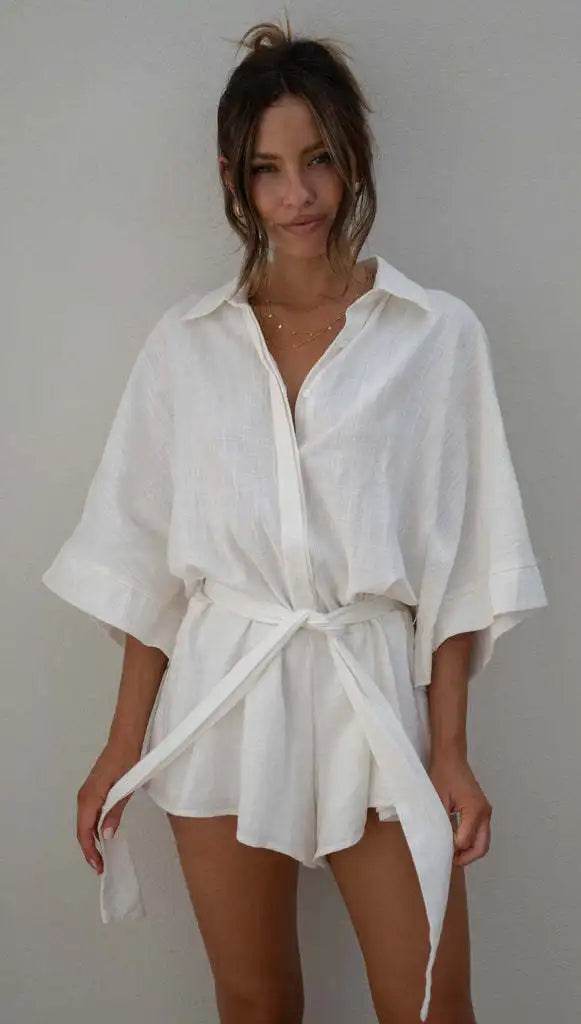 Women's Jumpsuit Spring/summer New Style With Collar Mid Sleeves Waist Strap Fashionable Loose Short Style Solid Color Jumpsuit - AIAZ