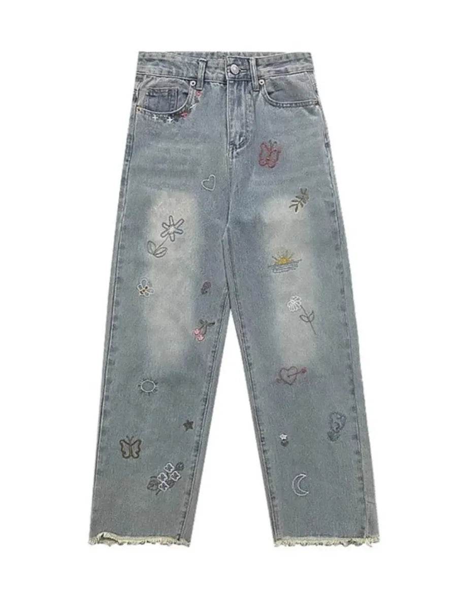 Vintage Embroidered Jeans Trousers For Women Summer 2025 New Korean Fashion High Waist Straight Retro Casual Denim Pants - AIAZ