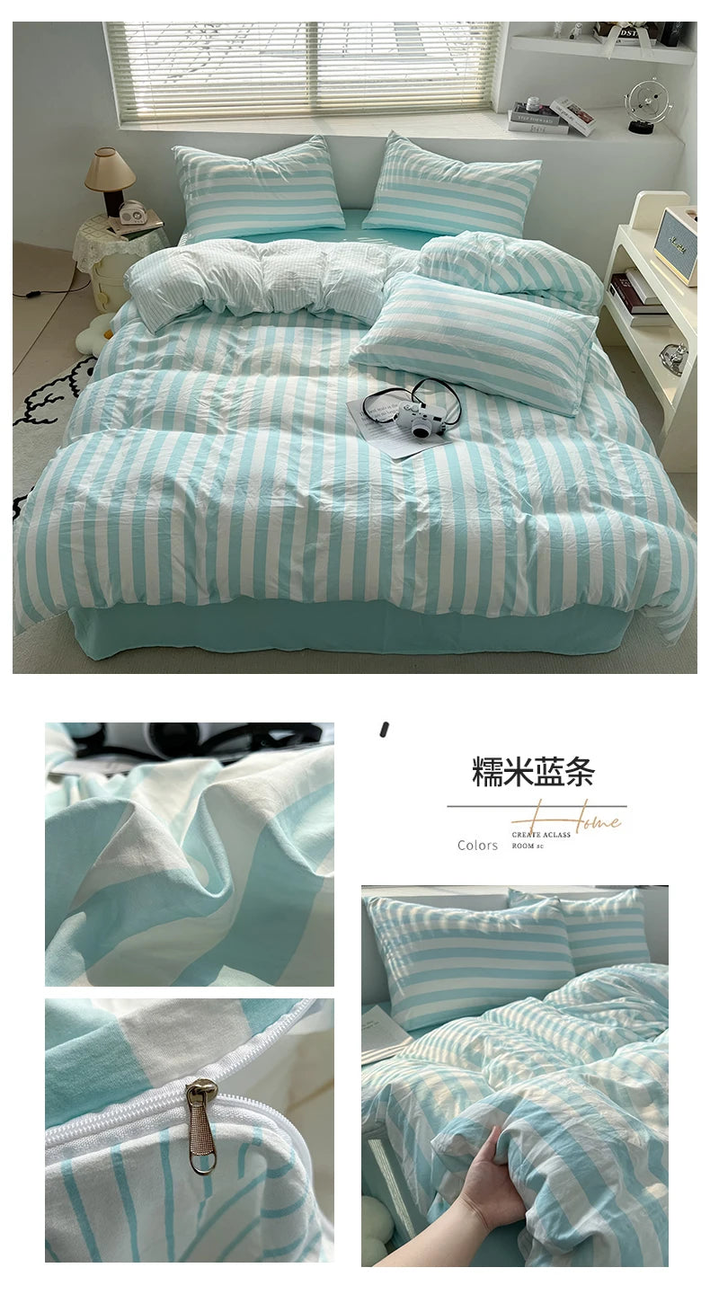 Washed Cotton Double Yarn Crepe Striped Quilt Set 3-4 Pillowcase with Sheet Bedding Cover Supplies 200x230 220x240 Skin Friendly