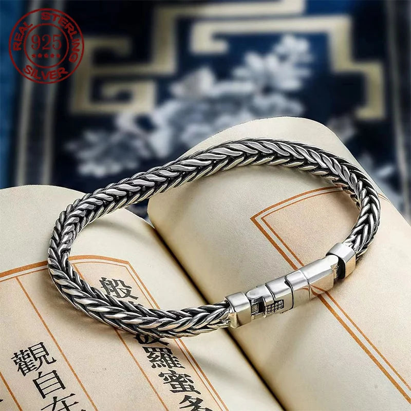 100% S925 Sterling Silver Handmade Woven Retro Domineering Style Personality Keel Man Woman Pure S925 Silver Bracelet Jewelry