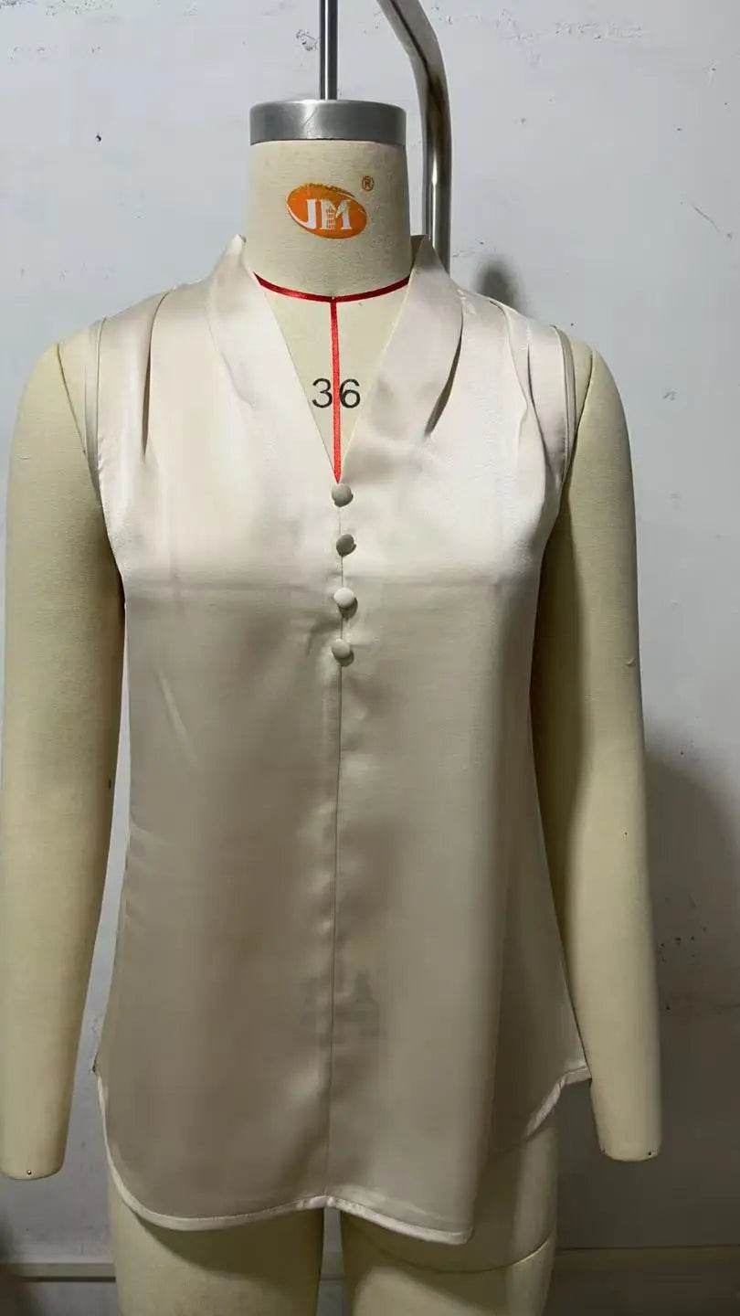 2025 Women's Blouses Summer Fashion Elegant Temperament Satin Work Tank Shirts Casual Button V-Neck Sleeveless Vest Black Tops - AIAZ