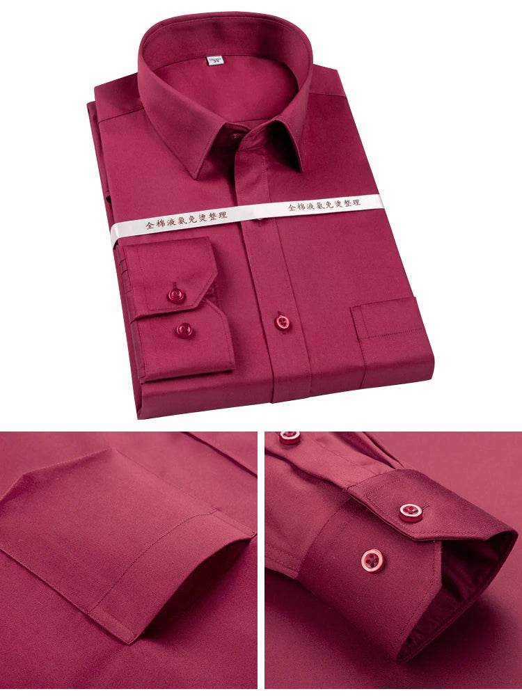 Men's Non Iron Standard-fit Solid Basic Dress Shirt Formal Business Premium 100% Cotton Male Long Sleeve Work Office Shirts - AIAZ