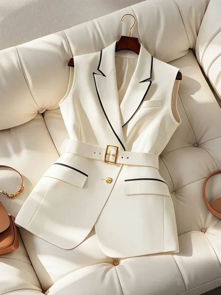 French Elegant Fashion White Suit Vest Women Clothing Summer New High Waist Elegant Slimming Sleeveless Coat Office Lady Clothes - AIAZ