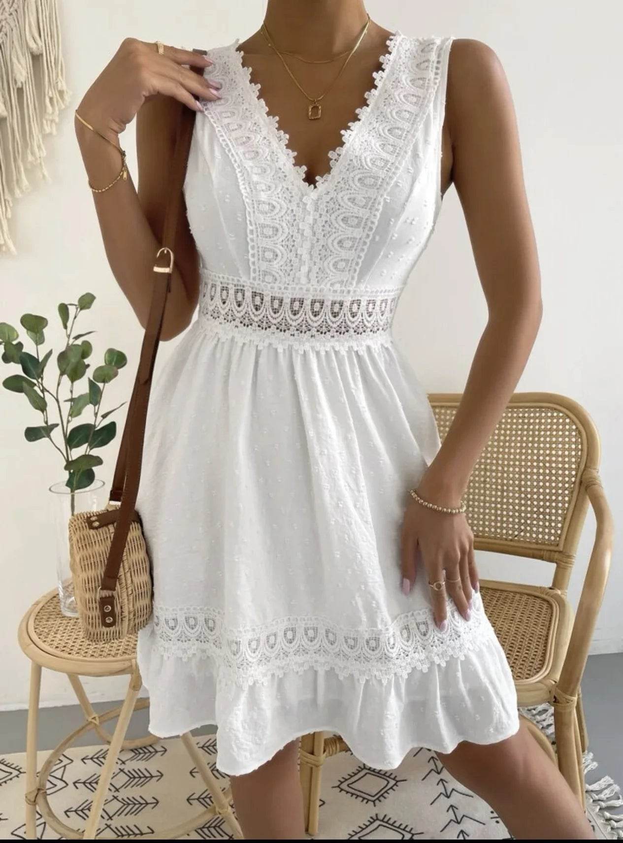 Women's White Party Dress Fashion Lace V-neck Ruffle Hook Flower Hollow Waist Mini Women Dresses Summer Sexy Prom Female Vestido - AIAZ