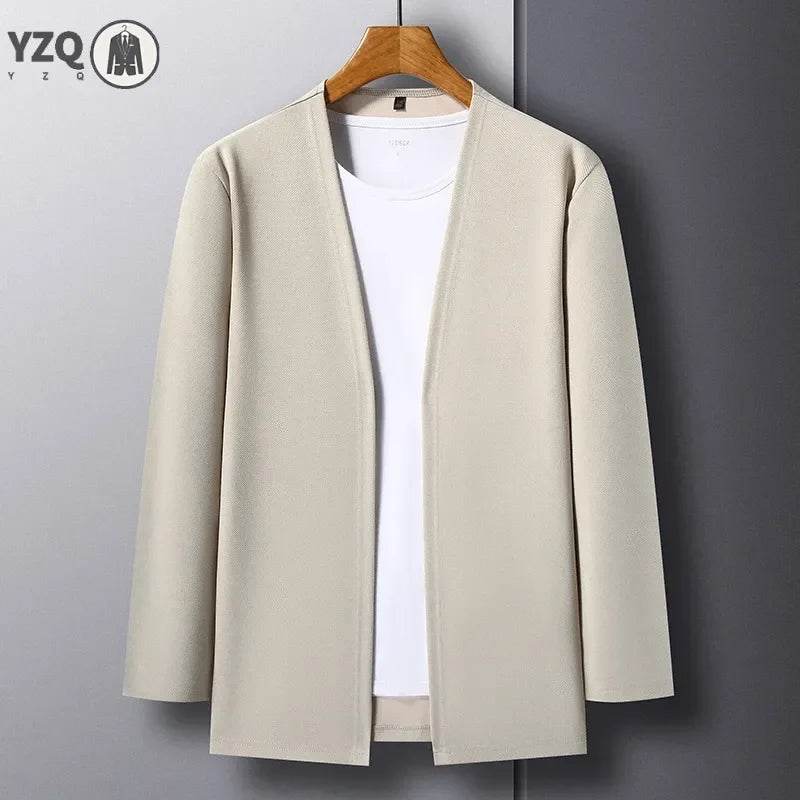 New Men's Casual Solid Color Long Sleeved Cardigan Cloak Spring and Autumn Fashionable Comfortable Top - AIAZ