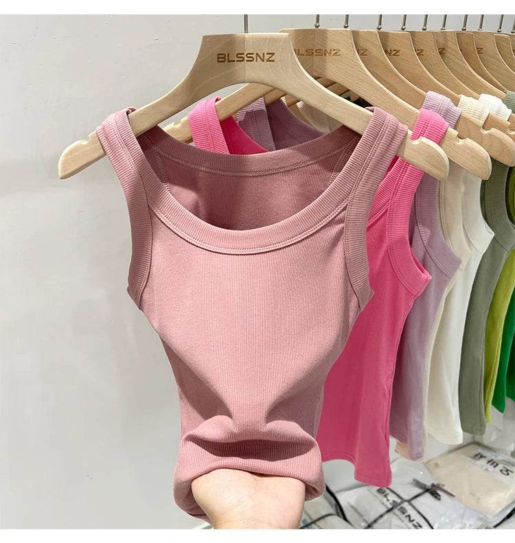 Women Solid Round Neck Ribbed Tank Top Camisole Women 2025 Summer Basic Elastic Tank Top O Neck Solid Tank Top - AIAZ