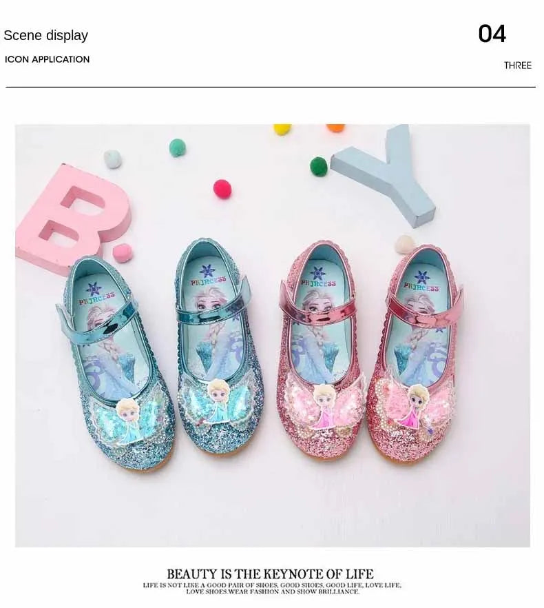Disney Elsa Frozen Girls Princess Shoes Spring and Autumn Flat Paillette Shoes Children's Soft Sole Baby Casual Shoe Party Shoes