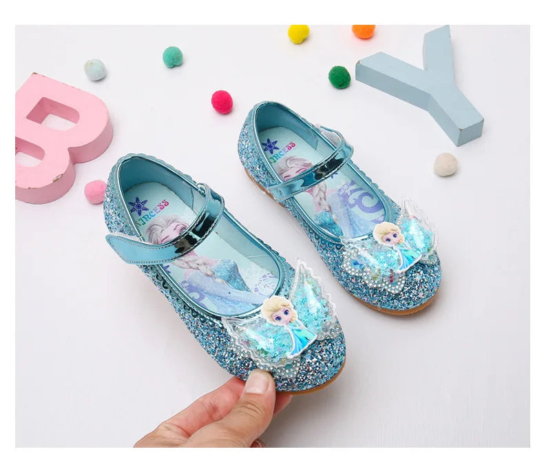 Disney Elsa Frozen Girls Princess Shoes Spring and Autumn Flat Paillette Shoes Children's Soft Sole Baby Casual Shoe Party Shoes