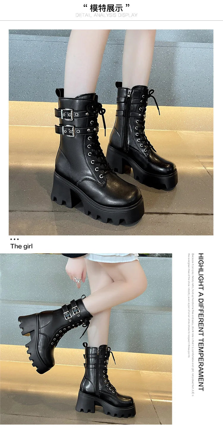 Trend Punk Women's Boots Buckle Platform Boots Mid-calf Gothic Boots for Women Autumn Ladies Motorcycle Boot Pu Leather Shoes