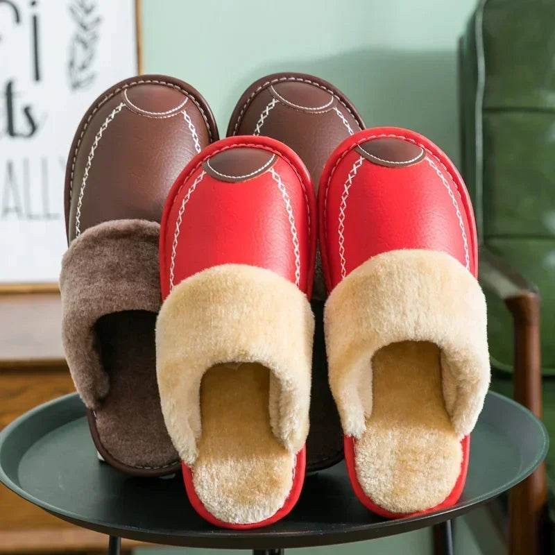 Men Winter Leather Slippers Bedroom Cotton Slippers Male Waterproof Thick Plus Velvet Indoor Warm House Home Slippers Shoes - AIAZ