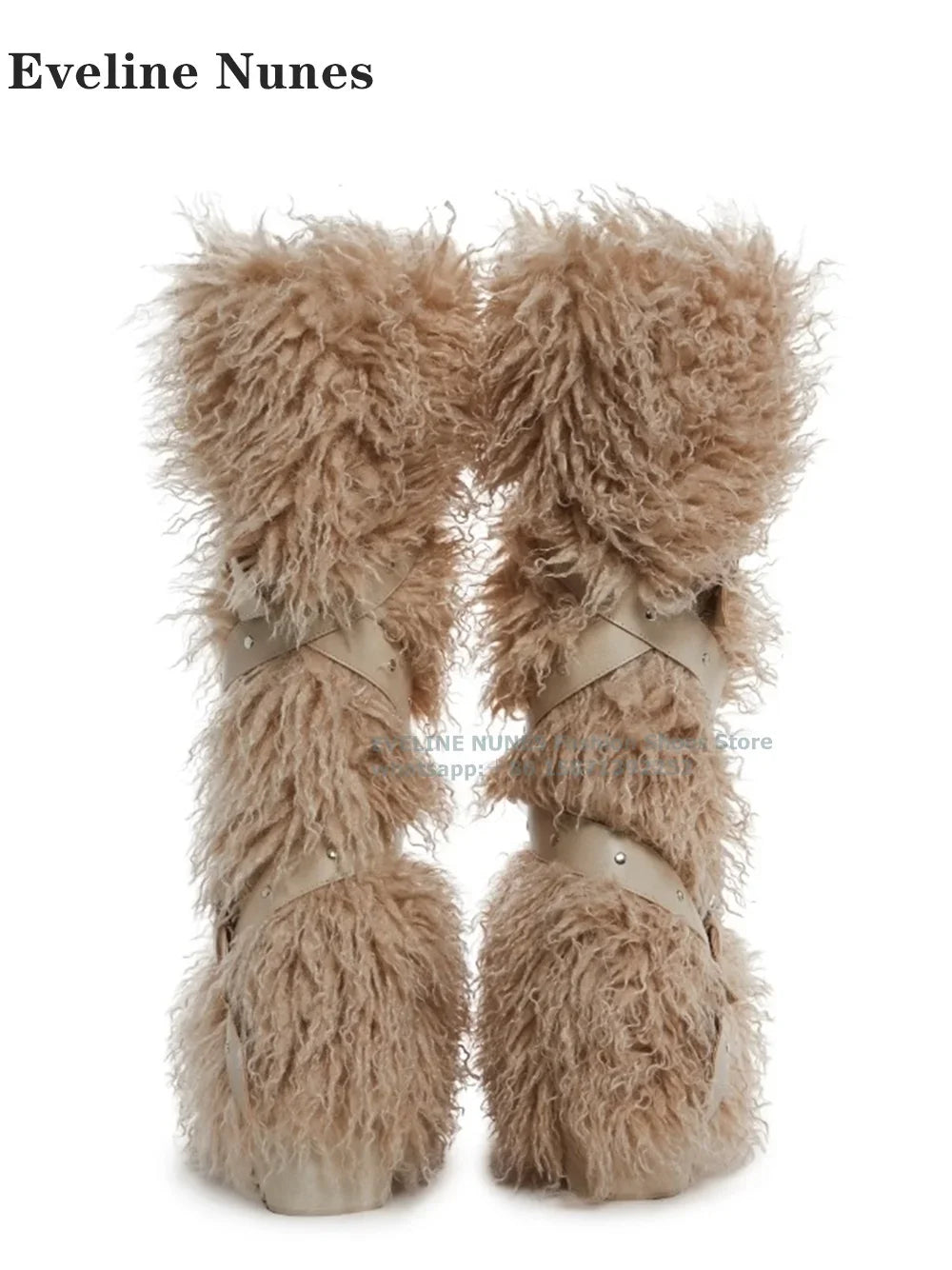 Wild Instincts Faux Fur Boots Belt Buckle White Studded Rivet Ankle Wrap Women Sexy Knee High Boots Plush Warm Spicy Girl 2024