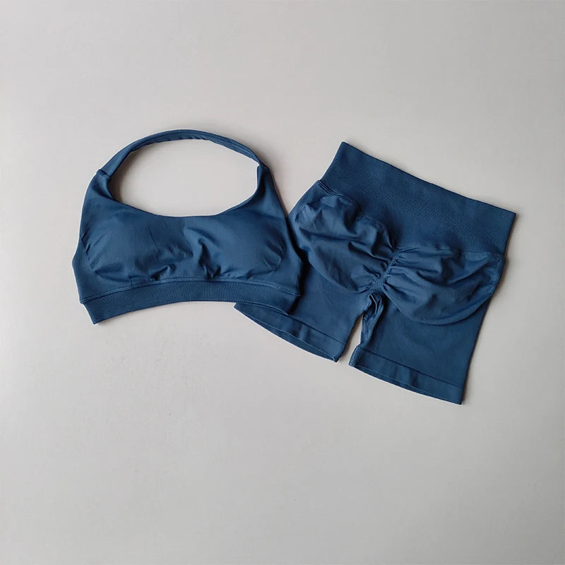 Sexy Halter Neck Beautiful Back High Waist Peach Sports Bras Shorts Suit Pilates Gathering Yoga Vest Training Fitness Bra Sets