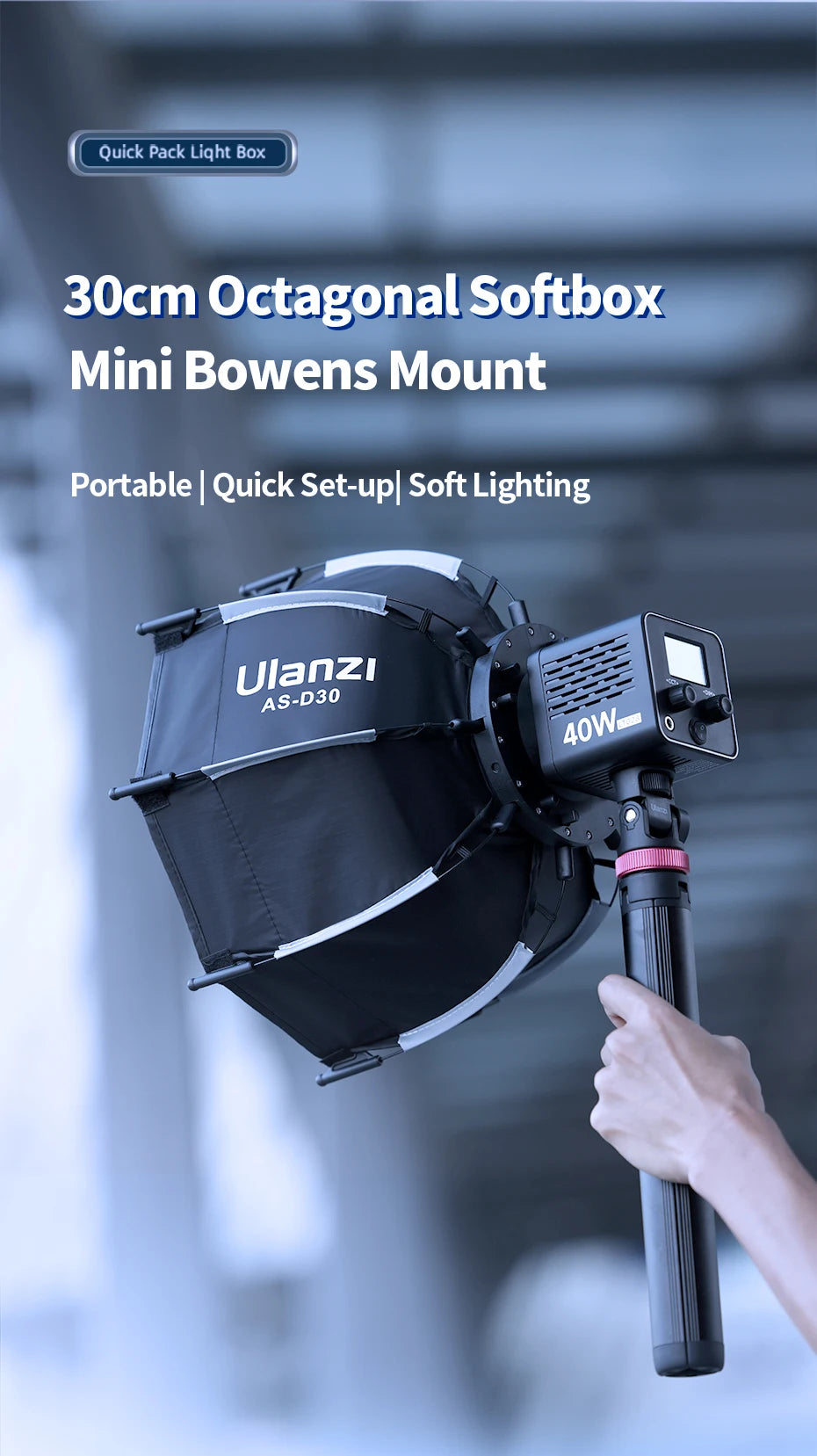 Ulanzi AS-D30 30cm Octagonal Softbox Quick Pack Light Box with Mini Bowens Mount for 40W COB Video Light