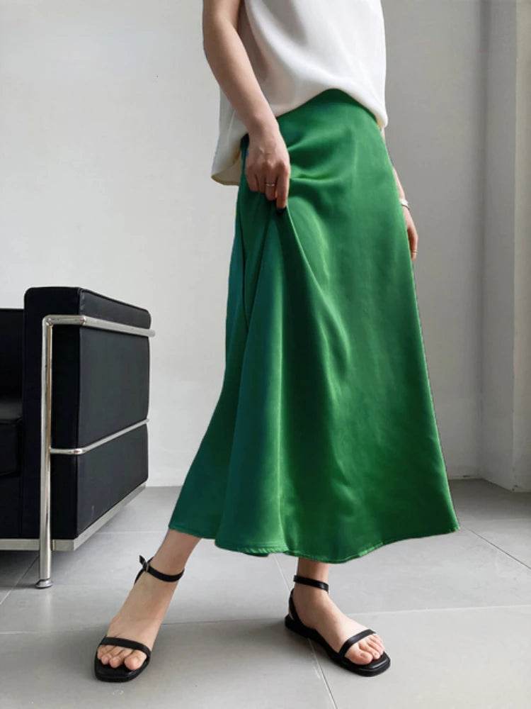 High Waisted Satin Long Skirts for Women Spring/Summer New 2025 Women's Skirt A-line Fashion Elegant Slim Fit Grey Black Skirt - AIAZ