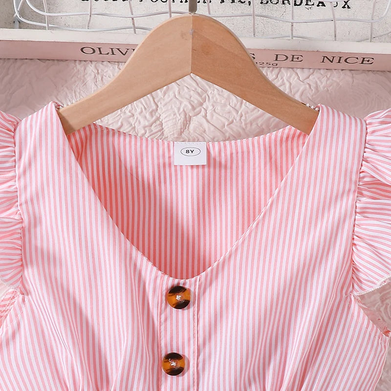 Girl Dress Summer New Light Blue Stripe Ruffled Sleeveless V-Neck Dress Elegant Cute Daily Casual Vacation Preppy Style Outifits