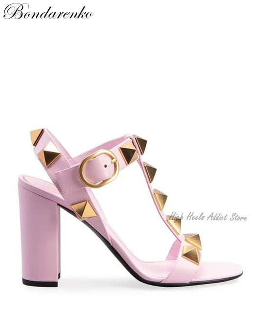 Rockstud Block Heel Leather Sandals Roman Stud Pink Black White Buckled High Heels Summer New Luxury Designer Shoes on Offer