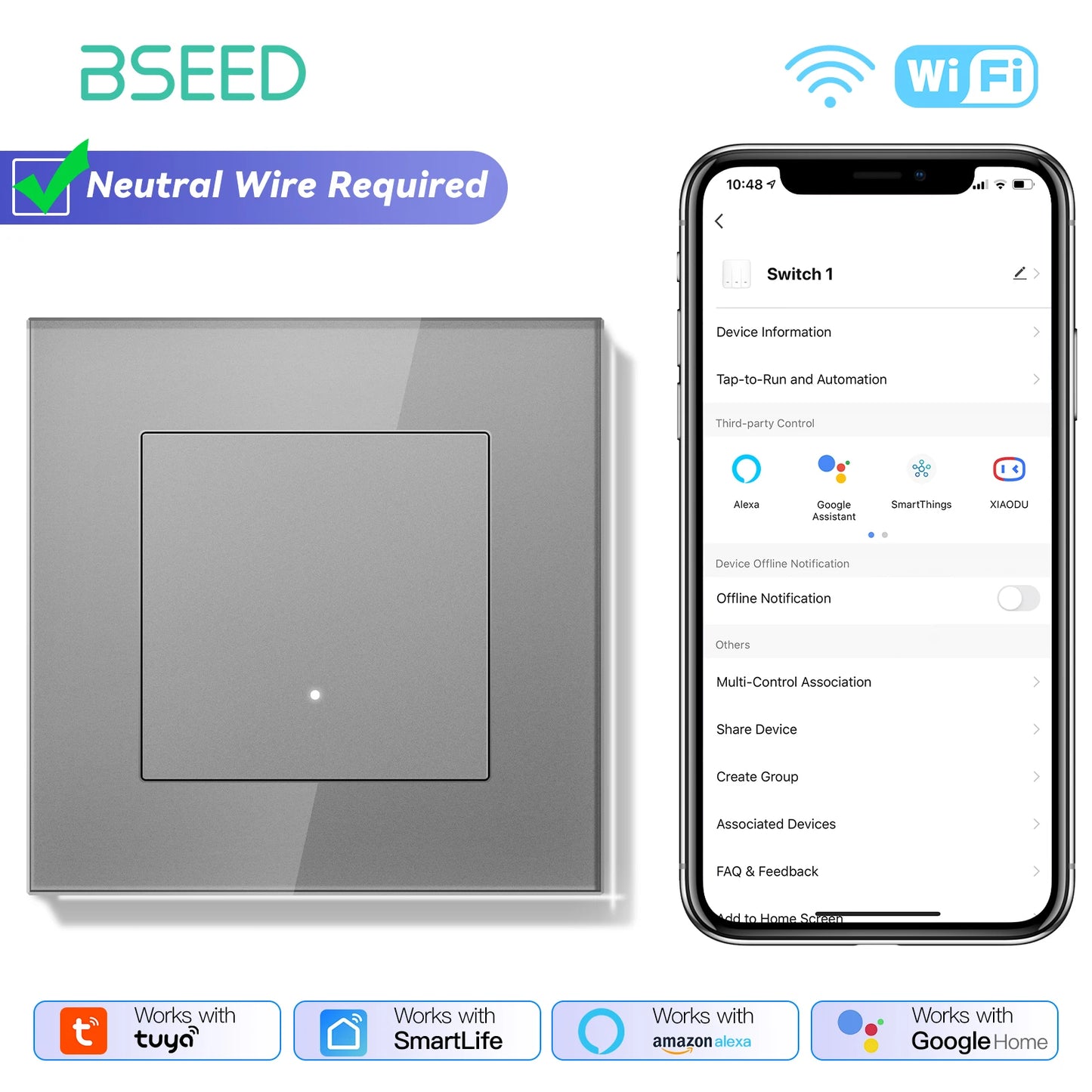 BSEED 1/2/3/4Gang 2Way WIFI Light Switch Smart Click Button Switch Glass Panel LED Indicator Support Tuya Smart Life Google Home