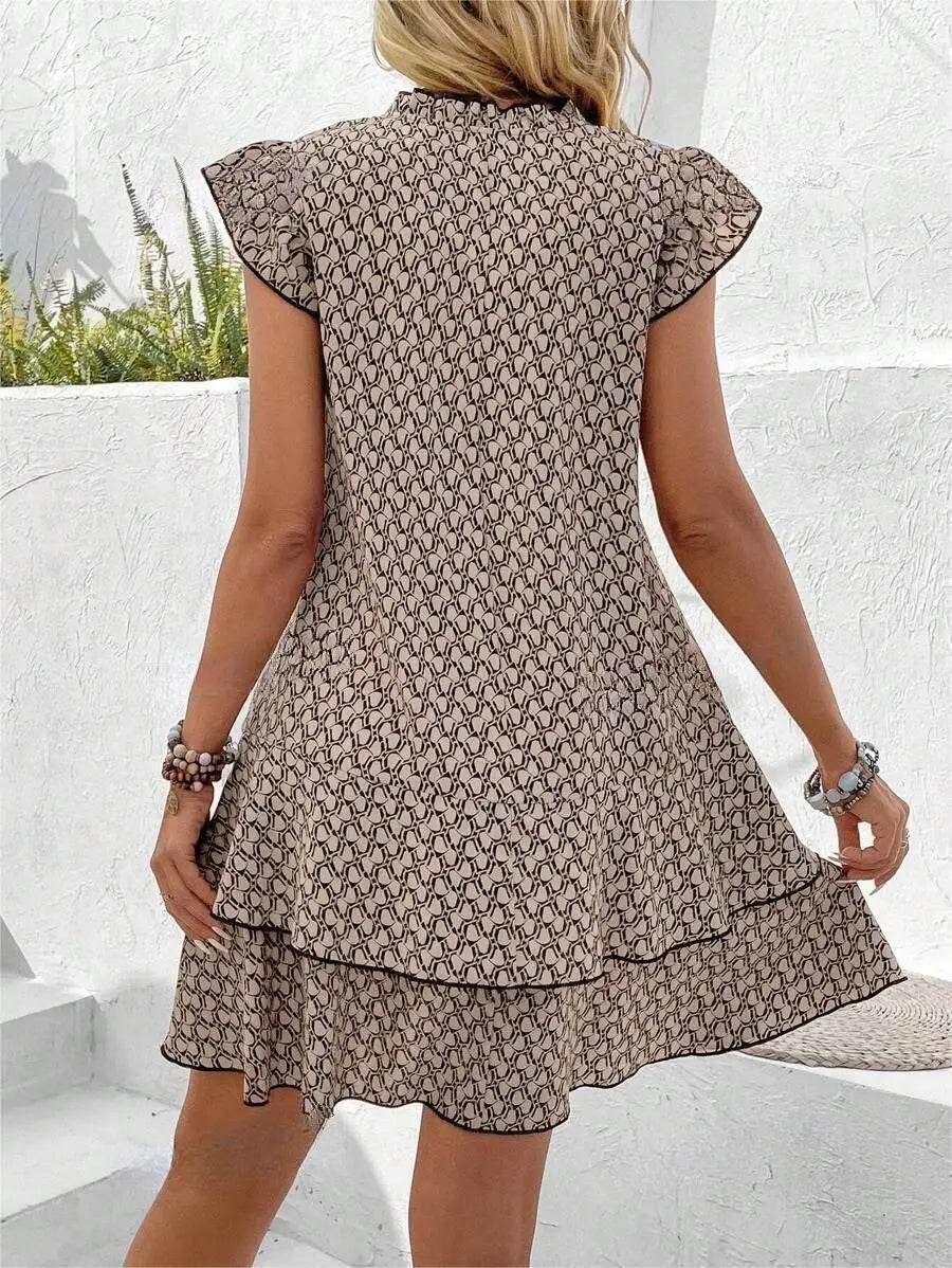 2024 Elegant Women's Casual Loose Ruffle Mini Dress Bohemian Printed V-neck Lace-up Small Flying Sleeve Dresses For Women - AIAZ