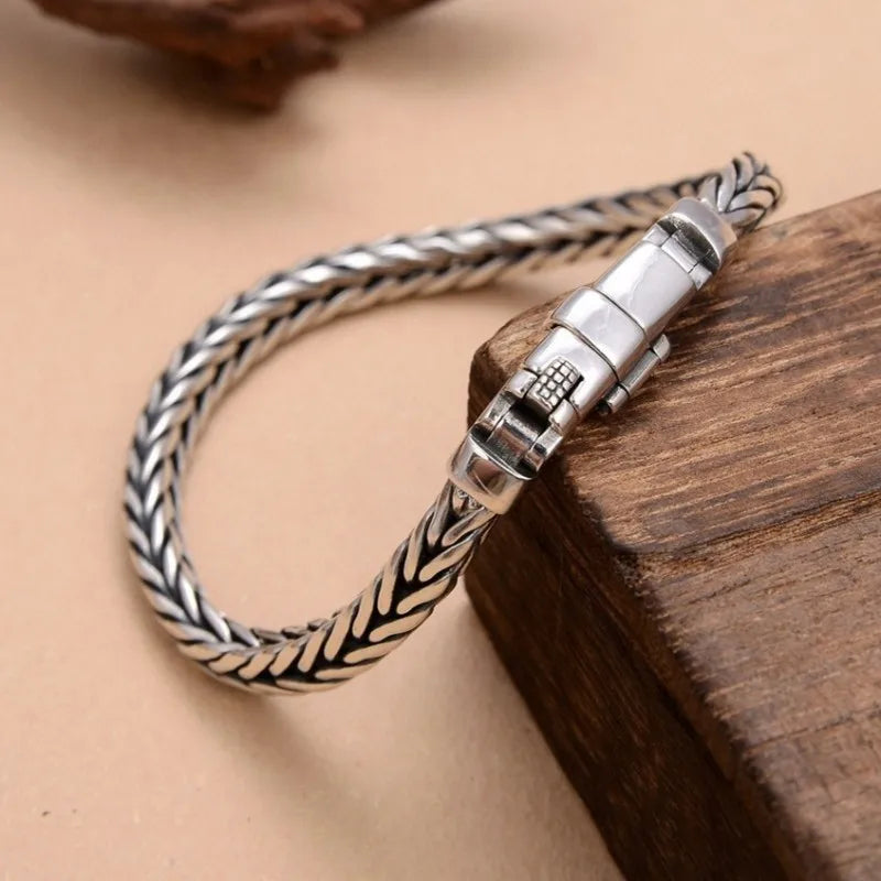 100% S925 Sterling Silver Handmade Woven Retro Domineering Style Personality Keel Man Woman Pure S925 Silver Bracelet Jewelry