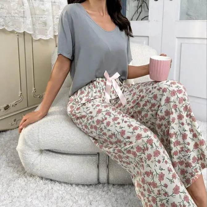 Breathable 2PCS Pajama Short Sleeve Printed Pijama Mujer Femme Loose Nightwear Suit Female Casual Homewear Pajama Set For Women - AIAZ