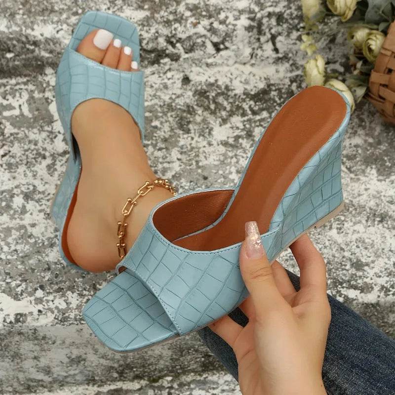 Snake Print Leather Wedges Shoes For Women Mules Slippers Summer Square Toe High Heels Gladiator Sandals Slides 2023 - AIAZ