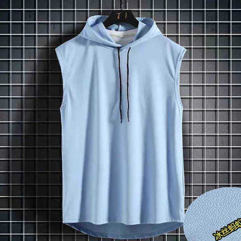Men Tie Collar Hooded Sleeveless Vests Male Summer Loose Solid Hip Hop Tee Shirt Tops - AIAZ