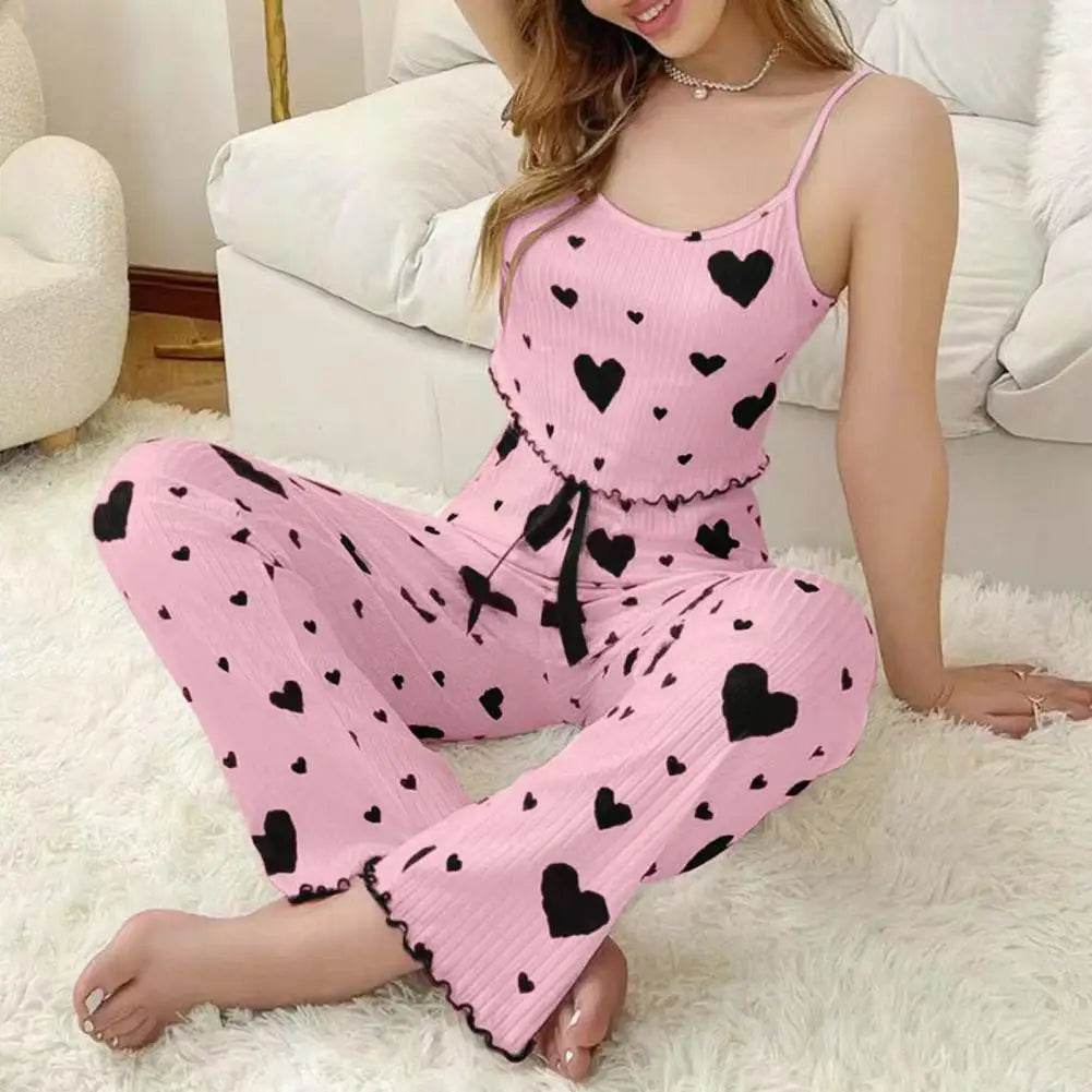 2 Pcs/Set Women Vest Pants Suit Bow Heart Print Sleeveless Shirring Edge Top High Waist Trousers Summer Cotton-blend Pajama Set - AIAZ