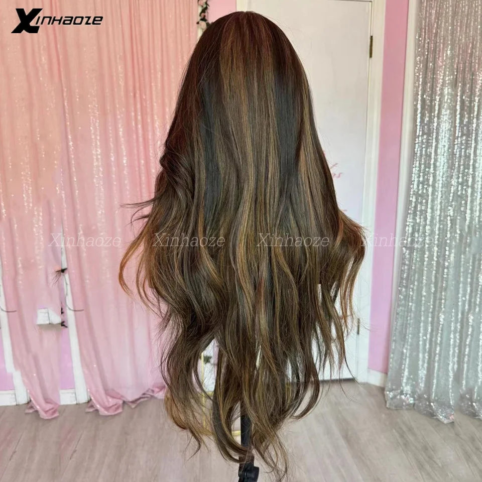 Highlight Brown Blonde Glueless Wig Human Hair With Bangs Bleached Knots 13x6/13x4 Natural Wave Lace Front Wig For Women PreCut