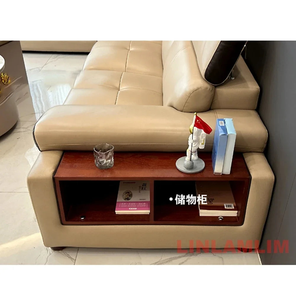 MINGDIBAO Modern Minimalist Genuine Leather Sectional Sofa with Console, Storage and Speaker Italian Leather Living Room Couch