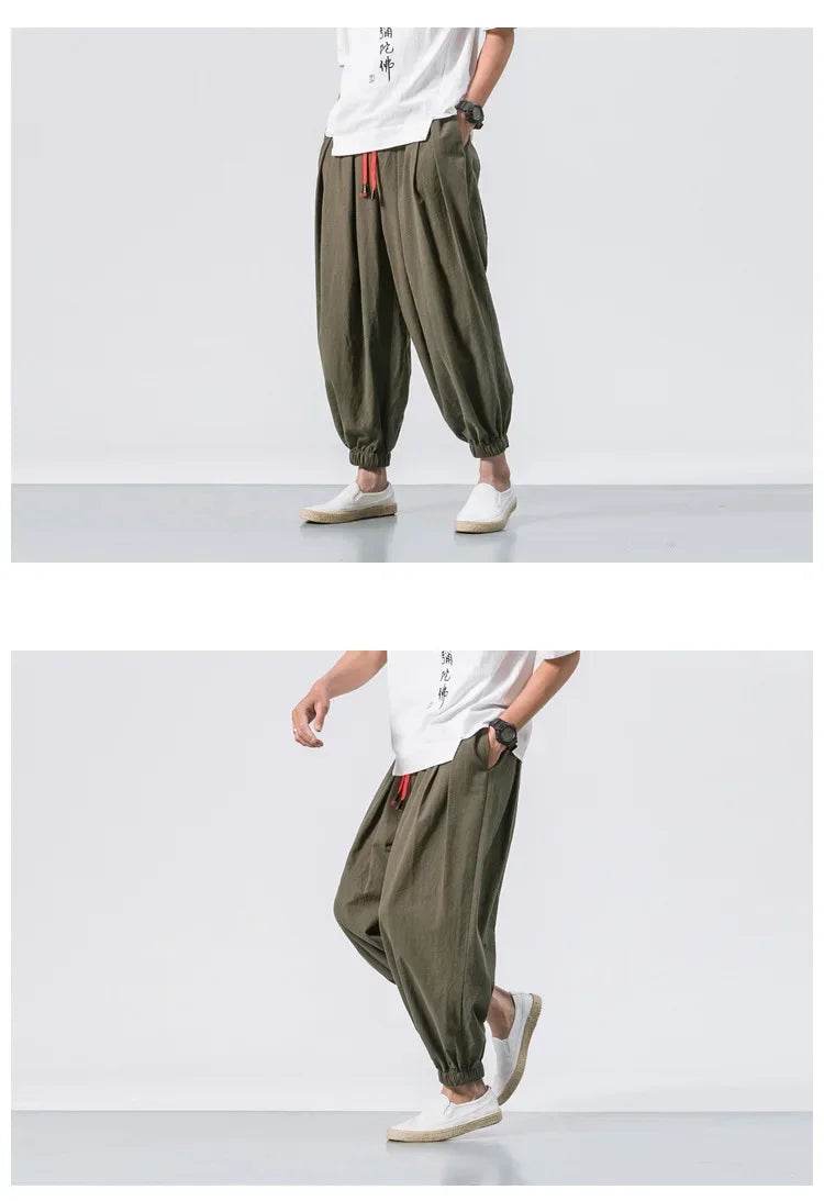 New Trendy Men Harem Pants Loose Oversized Style Cotton and Linen High Quality Jogger Sweatpants Casual Male Trousers - AIAZ