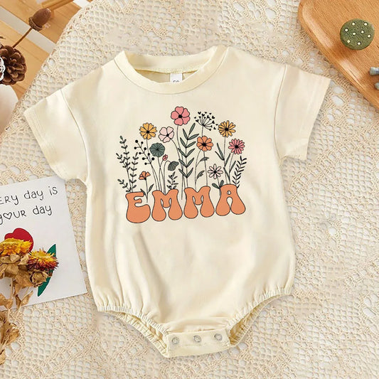 Personalised Flower with Name Bubble Romper Infant Summer Clothes Baby Oversized Bodysuit Retro Newborn Short Sleeve Jumpsuit