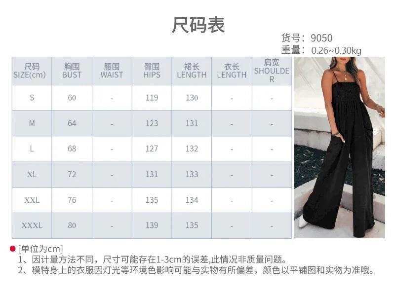 Summer New Suspender Jumpsuit Casual Commuting Women's Clothing Fashion Solid Color Elastic Waist Pocket Wide Leg Jumpsuit - AIAZ