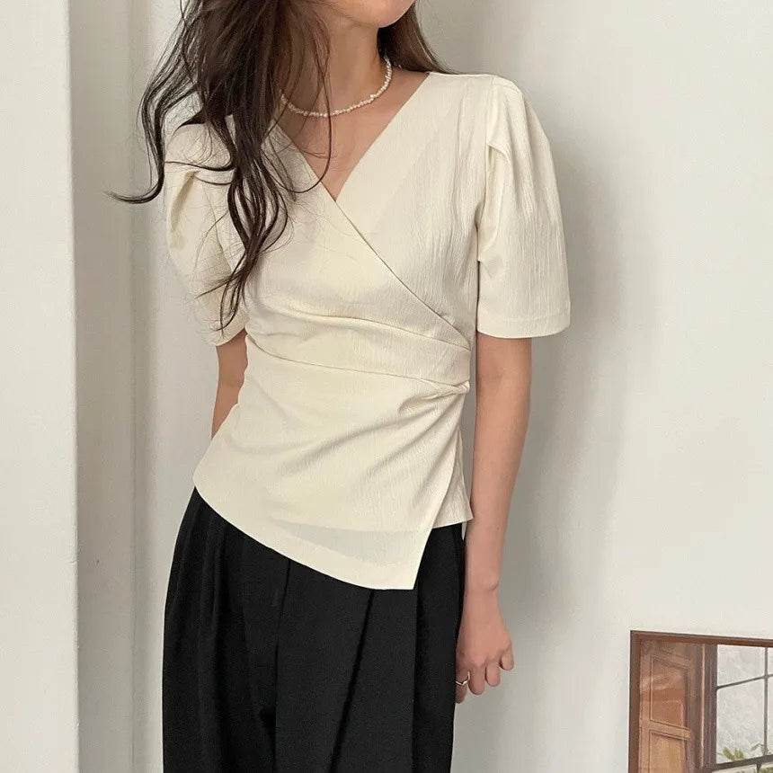 Women Blouse 2025 Spring Summer Solid Tucked V Neck Slim Blouse Elegant Short Sleeve Asymmetrical Top For Women Hot Sale - AIAZ