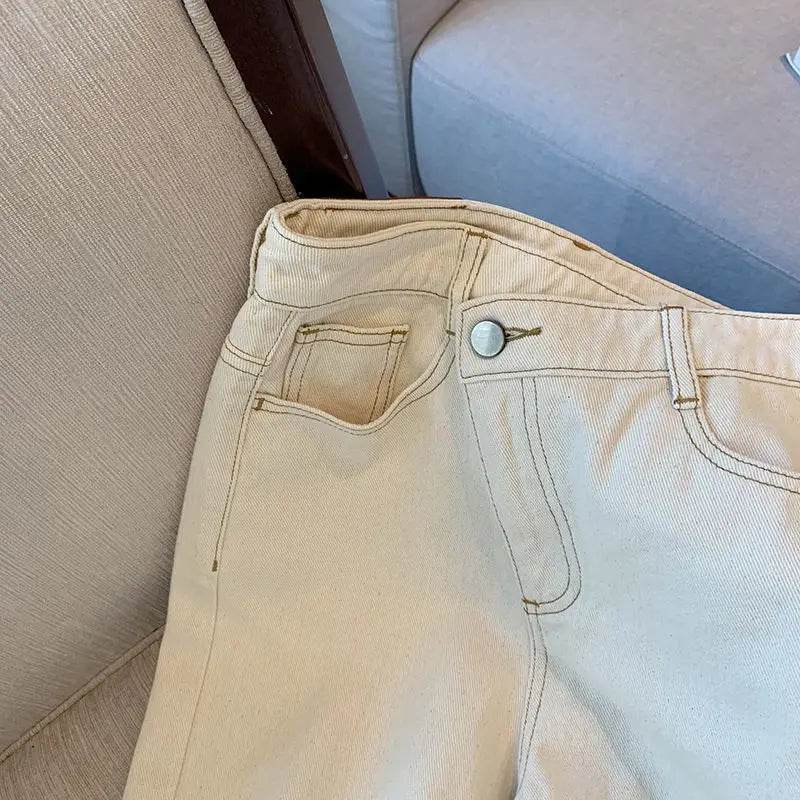 White Jeans For Women Spring High Waist Fashion Flower Design Straight Denim Pants Chic Loose Wide Leg Casual Trousers - AIAZ