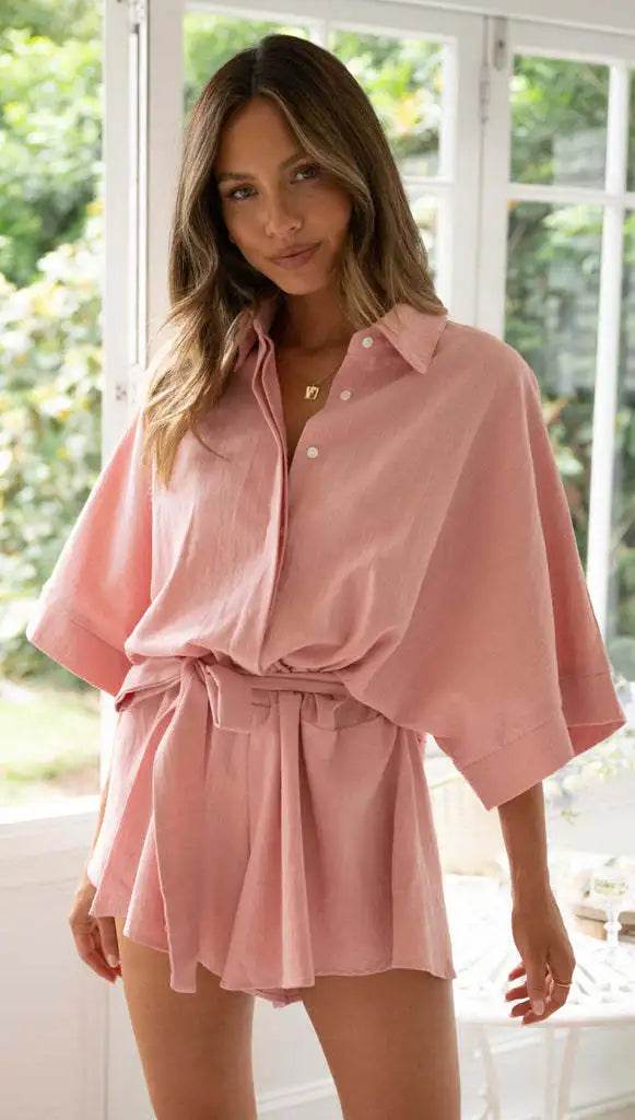 Women's Jumpsuit Spring/summer New Style With Collar Mid Sleeves Waist Strap Fashionable Loose Short Style Solid Color Jumpsuit - AIAZ