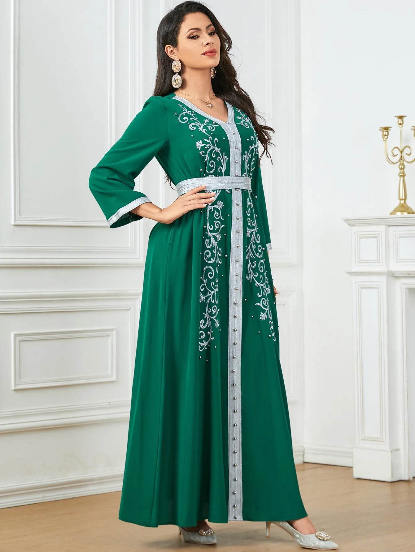 Muslim Fashion Beading Ebroidered Print V-neck long-sleeved Dress Moroccan Islamic Dress With Belt Elegant Party Dress - AIAZ