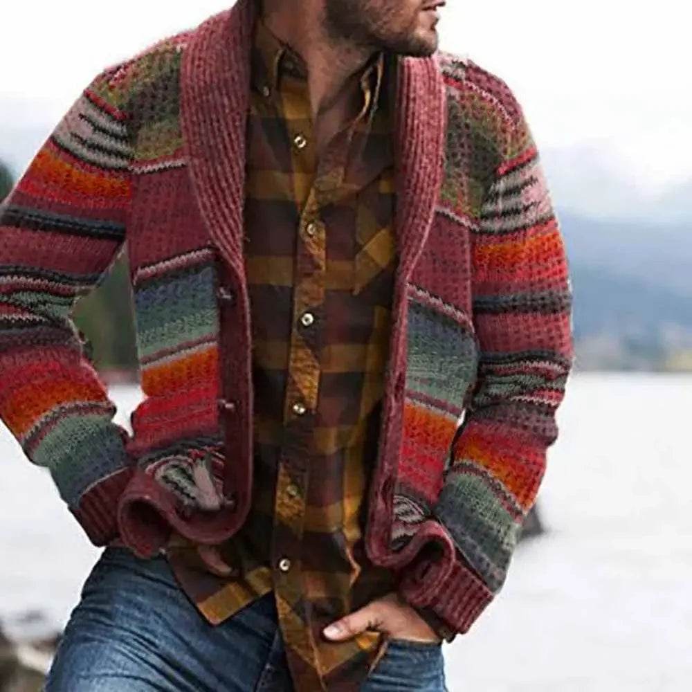 Men's Sweater Jacket Lapel Color-blocked Knitted Cardigan Sweater - AIAZ